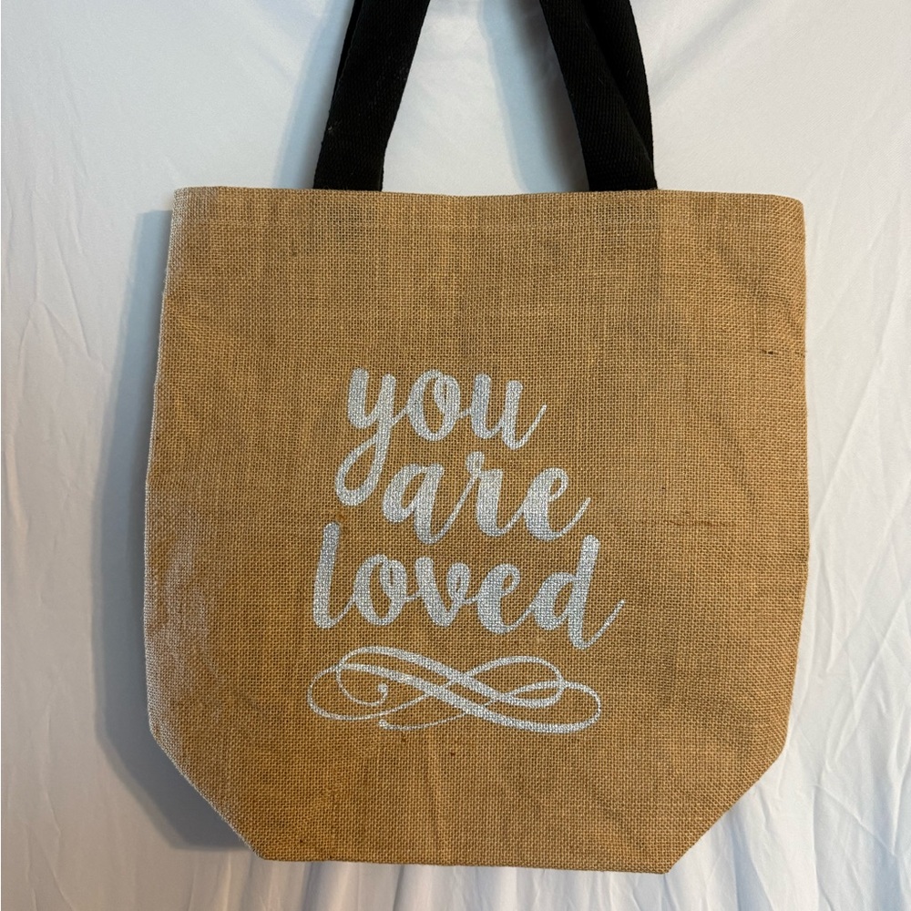 Tan Jute “You Are Loved” Tote Bag with Black Handles